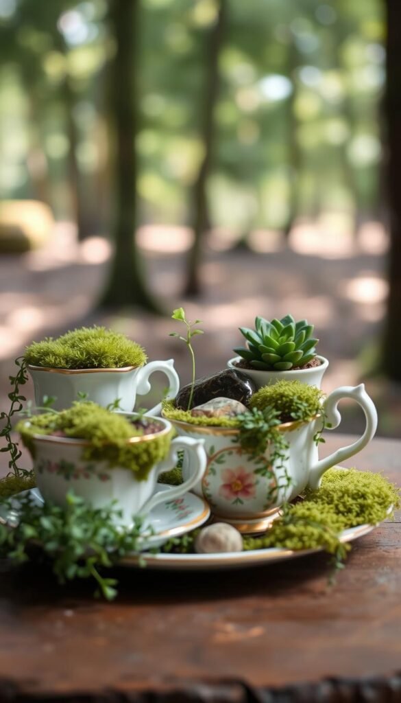 A cozy teacup garden in a soft, dreamy light. Tiny potted plants and moss-covered stones nestled within delicate vintage teacups and saucers, arranged in a charming vignette. Lush greenery spills over the edges, creating a sense of enchantment. In the background, a blurred forest scene with dappled sunlight filtering through the trees, adding to the whimsical, fairytale-like atmosphere. The composition is carefully balanced, with each element complementing the others to craft a serene, inviting display perfect for a DIY fairy garden.