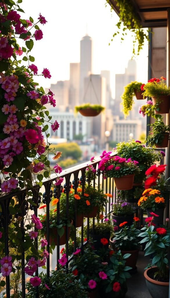 A cozy urban balcony overflowing with a vibrant flower garden. The foreground features a wrought-iron railing draped with cascading vines and blooming annuals in a rainbow of colors. In the middle ground, lush potted plants and hanging baskets create a verdant, intimate atmosphere. The background showcases the bustling city skyline, blurred to draw the eye inward. Warm, golden afternoon sunlight filters through, casting a soft, romantic glow over the entire scene. Captured with a wide-angle lens to emphasize the sense of tranquil refuge amidst the urban landscape.