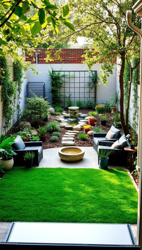 A cozy, well-designed backyard oasis, featuring a lush, manicured lawn, strategically placed garden beds, and a charming seating area. The foreground showcases a neatly arranged patio with sleek, modern furniture, surrounded by a variety of potted plants and small shrubs. In the middle ground, a winding stone path leads to a tranquil water feature, such as a miniature pond or fountain, creating a soothing ambiance. The background is framed by a delicate trellis supporting climbing vines, and a few well-placed trees provide dappled shade, lending a sense of privacy and natural beauty. The lighting is soft and warm, creating a inviting, relaxed atmosphere, as captured by a wide-angle lens to showcase the efficient, thoughtful layout of this small, yet impactful backyard design.
