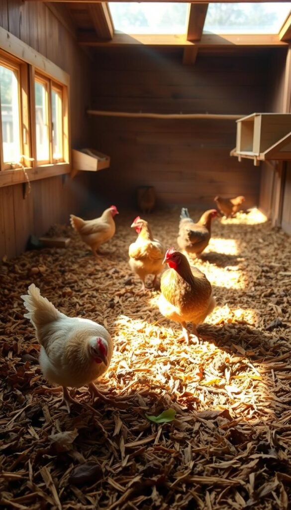 A cozy, well-lit chicken coop interior, showcasing the deep litter method. The floor is covered in a thick, nutrient-rich layer of organic matter, including straw, shredded leaves, and chicken droppings. Sunlight streams in through the windows, casting a warm glow on the scene. In the foreground, a contented chicken scratches and pecks at the litter, while its coop mates rest peacefully on their roosting bars. The background reveals nesting boxes and feeding stations, all integrated seamlessly into the natural, self-sustaining ecosystem. The overall atmosphere conveys a sense of harmony, efficiency, and the beneficial relationship between chickens and their environment.