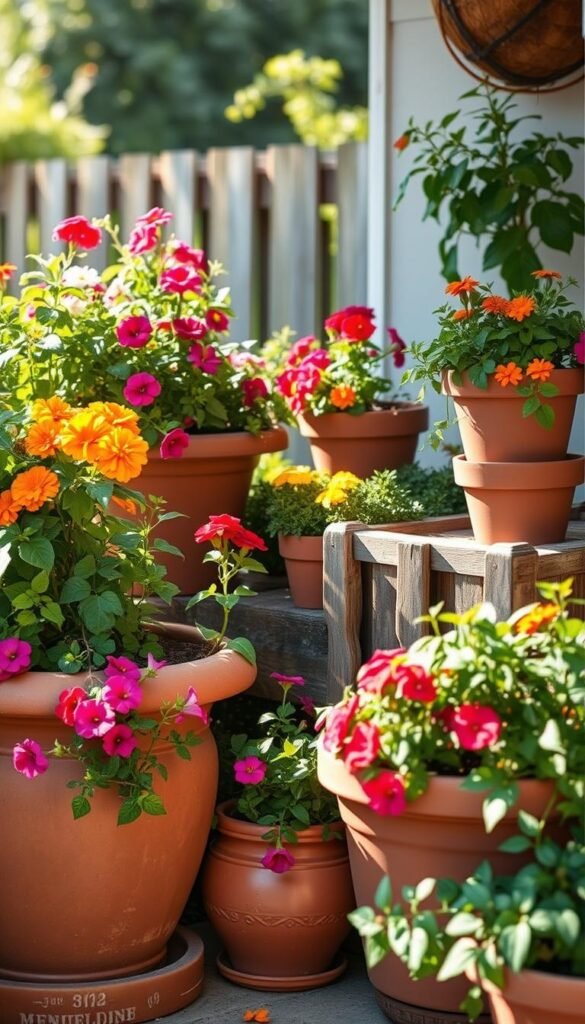 A cozy, well-lit container garden nestled in a sun-dappled corner. Terracotta pots, some tiered, brimming with vibrant blooms - petunias, marigolds, and trailing vines spilling over the edges. A mix of lush greenery, from compact herbs to small shrubs, creating a harmonious, natural arrangement. The foreground features a focal point, perhaps a cheerful ceramic planter or a rustic wooden crate, drawing the eye in. The middle ground showcases the variety of container sizes and shapes, each contributing to the overall visual interest. In the background, a soft, blurred view of a garden fence or wall adds depth and a sense of enclosure, evoking a secluded, intimate atmosphere. Gentle shadows and highlights suggest a warm, afternoon sun, casting a cozy, inviting glow over the entire scene.
