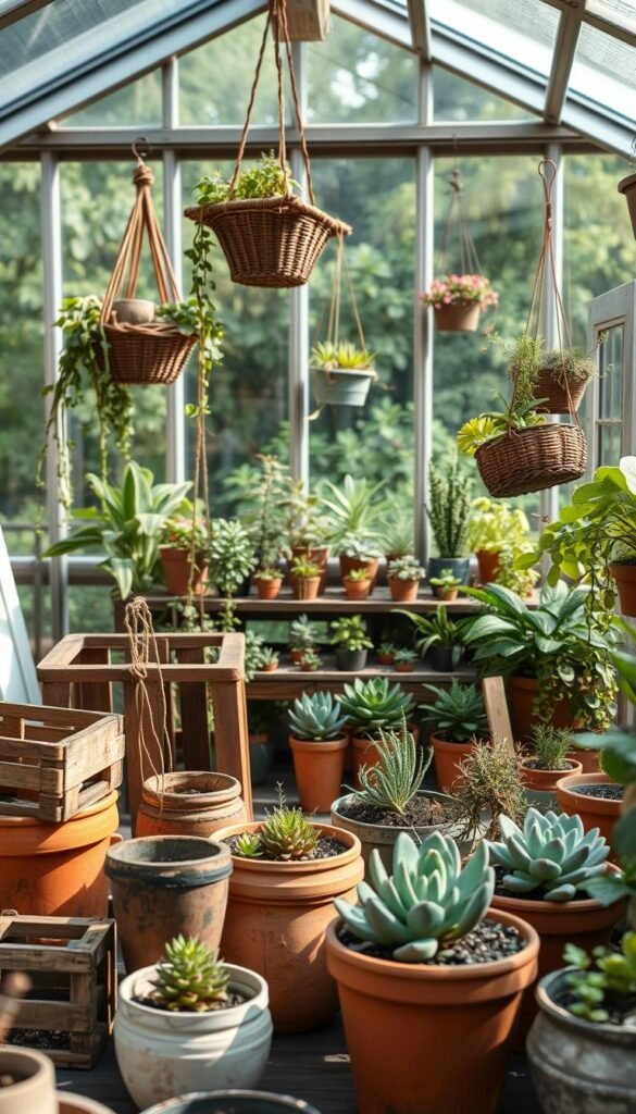 A cozy, well-lit greenhouse interior showcasing a variety of miniature garden containers. In the foreground, a collection of rustic, vintage-inspired planters - terracotta pots, weathered wooden crates, and hanging baskets adorned with trailing vines. The middle ground features a tiered display of diverse miniature plant specimens - succulents, ferns, and tiny flowering plants. Soft, natural light filters through the greenhouse's glass walls, casting gentle shadows and adding depth to the scene. The background subtly hints at a lush, verdant outdoor garden, drawing the viewer's eye inward to the intimate, carefully curated mini-garden display.