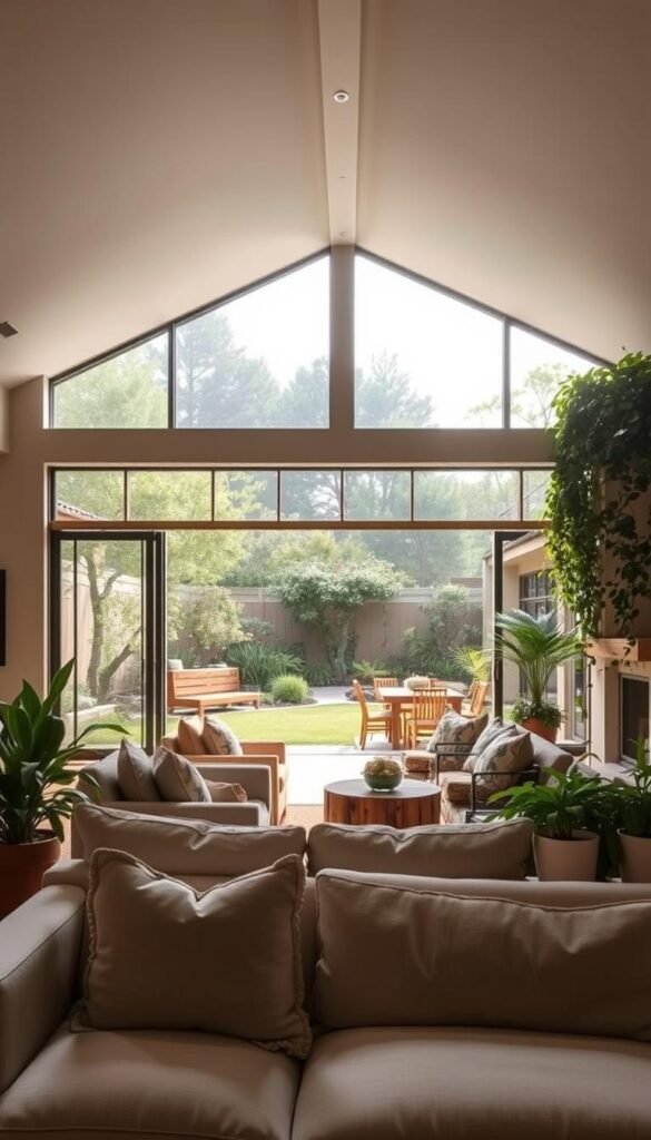 A cozy, well-lit indoor space seamlessly transitioning into a lush, inviting outdoor sanctuary. A large, open-concept living room with floor-to-ceiling windows overlooking a beautifully landscaped backyard. Soft, diffused natural light filters in, creating a serene, harmonious atmosphere. Plush, neutral-toned furniture and natural textures in the foreground blend effortlessly with the verdant greenery and warm wood tones of the outdoor space. A covered patio with comfortable seating and a dining area extends the living space, blurring the boundaries between inside and out. Strategically placed potted plants and climbing vines soften the edges, inviting the natural world in. The overall mood is one of tranquility, comfort, and a deep connection to the outdoors.