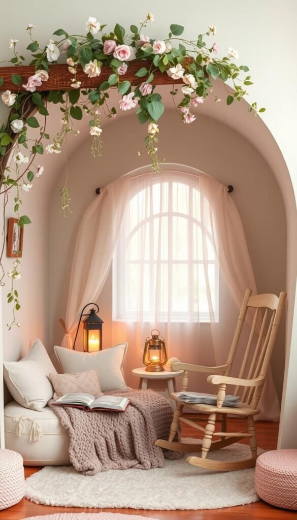 A cozy, whimsical alcove design for a fairy-tale inspired nursery. The foreground features a plush, overstuffed reading nook with soft pastel cushions and a hand-knitted blanket, inviting little ones to curl up and lose themselves in a storybook. Overhead, delicate vines and flowers cascade from a rustic wooden beam, creating a natural, enchanted canopy. In the middle ground, a vintage wooden rocking chair sits beside a small side table holding a flickering lantern, casting a warm, magical glow. The background showcases a gently curved, arched window framed by sheer, billowing curtains, allowing soft natural light to filter in. Throughout the scene, muted greens, pinks, and blues blend seamlessly, evoking a serene, dreamlike atmosphere.