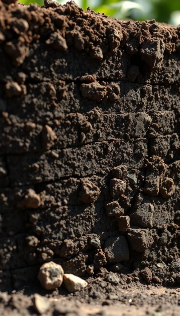 A cross-section of densely compacted soil layers, showcasing the distinct boundaries between topsoil, subsoil, and underlying bedrock. The scene is illuminated by soft, natural lighting, casting subtle shadows that accentuate the textural variations in the soil profile. The image is captured from a low angle, providing a detailed, up-close perspective that invites the viewer to explore the intricate structure of the earth's foundation. The overall composition conveys a sense of stability, solidity, and the essential role that a well-established base plays in creating a harmonious, naturally built landscape.