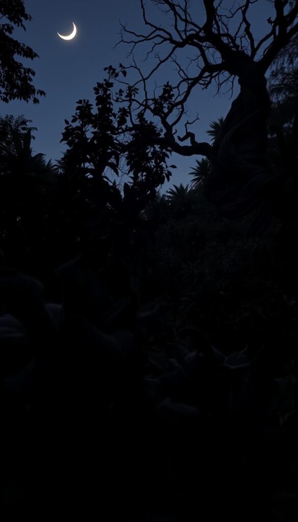 A dark, moody garden at dusk, lit by the soft glow of a crescent moon. In the foreground, a collection of lush, ebony-hued flowers - twisted petals, velvety textures, and mysterious shadows. Towering black-leafed plants rise from the background, their foliage casting dramatic silhouettes. A knotted, gnarled tree stands sentinel, its twisted branches reaching skyward. The scene conveys a sense of Gothic allure, where the beauty of darkness and the unknown beckons the viewer. Captured with a wide-angle lens, the composition emphasizes the depth and mystery of this enchanting garden oasis.