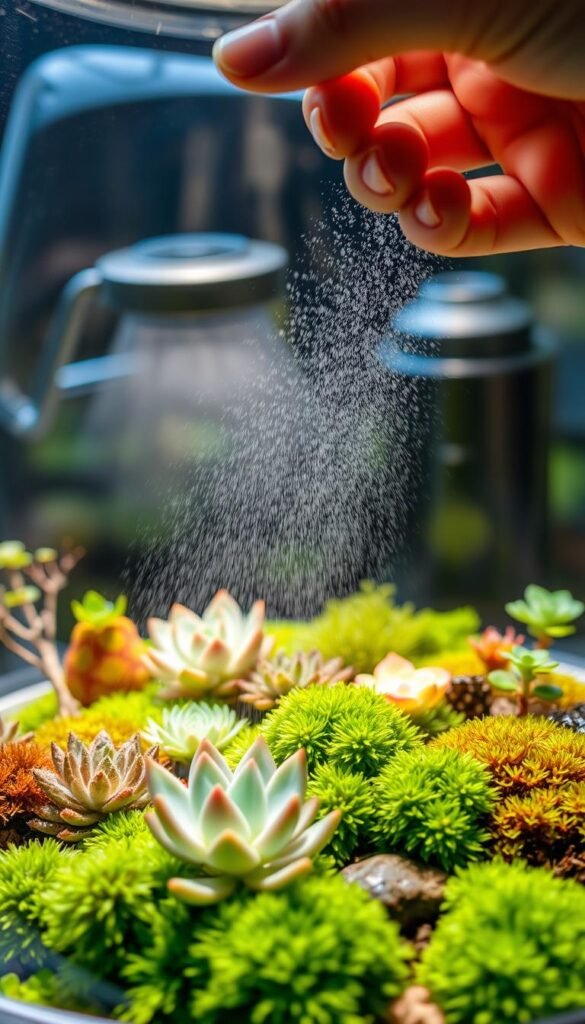 A delicately balanced terrarium with lush greenery, the soft diffused light filtering through the glass enclosure. In the foreground, a hand gently mists the plants, the droplets glistening on the verdant leaves. The middle ground showcases a variety of succulents and mosses, their intricate textures and shapes creating a captivating visual feast. In the background, a mist generator hums quietly, ensuring the perfect humidity levels for the thriving ecosystem. The scene conveys a sense of tranquility and mindful care, perfectly illustrating the "Watering Techniques and Humidity Control Tips" section of the article.
