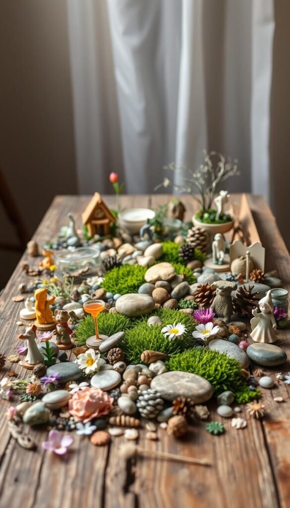 A delightful assortment of fairy garden materials sprawls across a weathered wooden table. In the foreground, miniature figurines, whimsical trinkets, and delicate flowers await arrangement. The middle ground showcases an array of natural elements - smooth river stones, wispy moss, and tiny pinecones. In the background, a soft, diffused lighting creates a dreamy, enchanted atmosphere, casting gentle shadows and highlights across the scene. The overall mood is one of whimsy, wonder, and the infinite possibilities of crafting a captivating fairy haven.