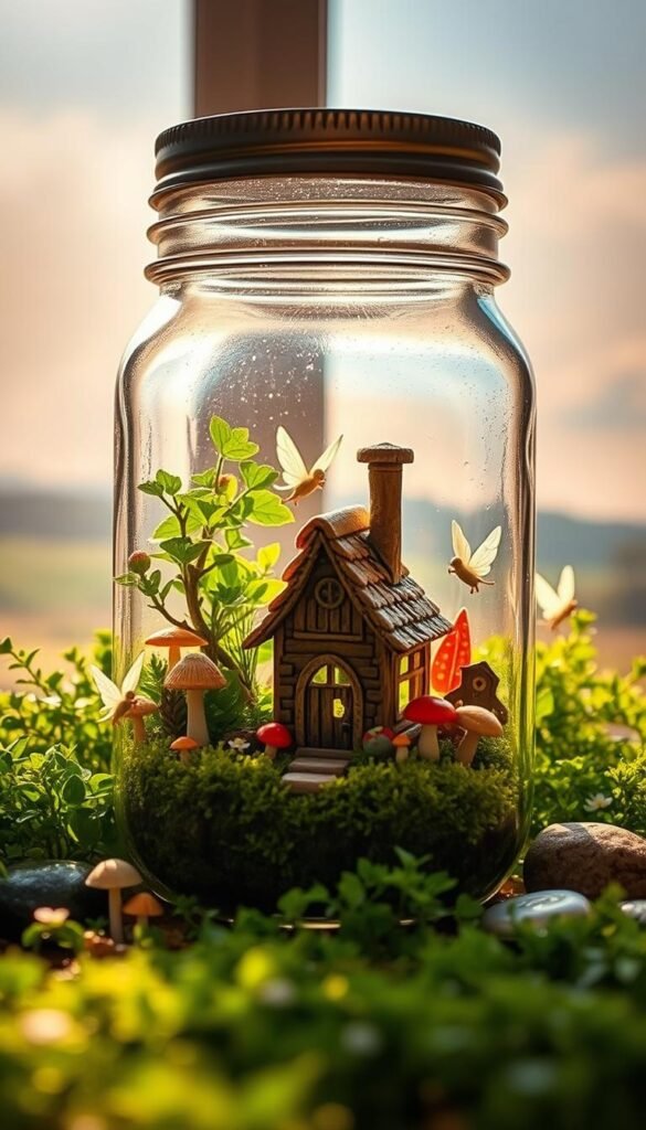 A delightful mason jar fairy garden scene, bathed in soft, golden light filtering through a window. In the foreground, a miniature fairy house sits nestled among lush, verdant foliage, its intricate details and whimsical design captivating the eye. Surrounding the jar, an enchanting collection of tiny mushrooms, flowers, and moss-covered stones create a sense of enchantment. In the middle ground, a cluster of ethereal fairy figurines dance amidst the verdant greenery, their translucent wings fluttering gently. Beyond, the background showcases a hazy, dreamlike landscape, with wispy clouds and a faint horizon, further emphasizing the magical, otherworldly atmosphere. The composition is balanced, the lighting is warm and inviting, and the overall scene exudes a sense of wonder and imagination.