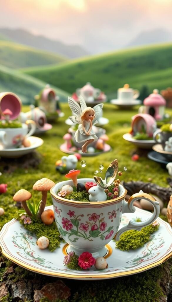 A delightful teacup fairy garden adorned with whimsical decorations. In the foreground, a diminutive fairy figure perches atop an ornate teacup, its wings gently fluttering. Surrounding the teacup, a cluster of miniature mushrooms, flowers, and sparkling crystals create a captivating scene. The middle ground features an array of repurposed teacups and saucers, each transformed into a charming micro-habitat for fanciful creatures. In the background, a lush, verdant landscape with soft, diffused lighting sets the stage for this enchanting tableau. The overall composition exudes a sense of enchantment, inviting the viewer to step into this enchanted world of wonder and imagination.