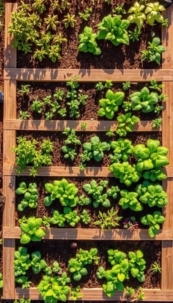 A detailed aerial view of a well-organized square foot vegetable garden grid. The garden bed features a precise grid of 12-inch square sections, each containing a different type of vegetable or herb. The grid is framed by neatly spaced wooden planks, creating a structured and orderly layout. The garden is bathed in warm, natural sunlight, casting gentle shadows across the lush, vibrant plants. The image conveys a sense of productivity, efficiency, and the joy of homegrown, sustainable gardening.