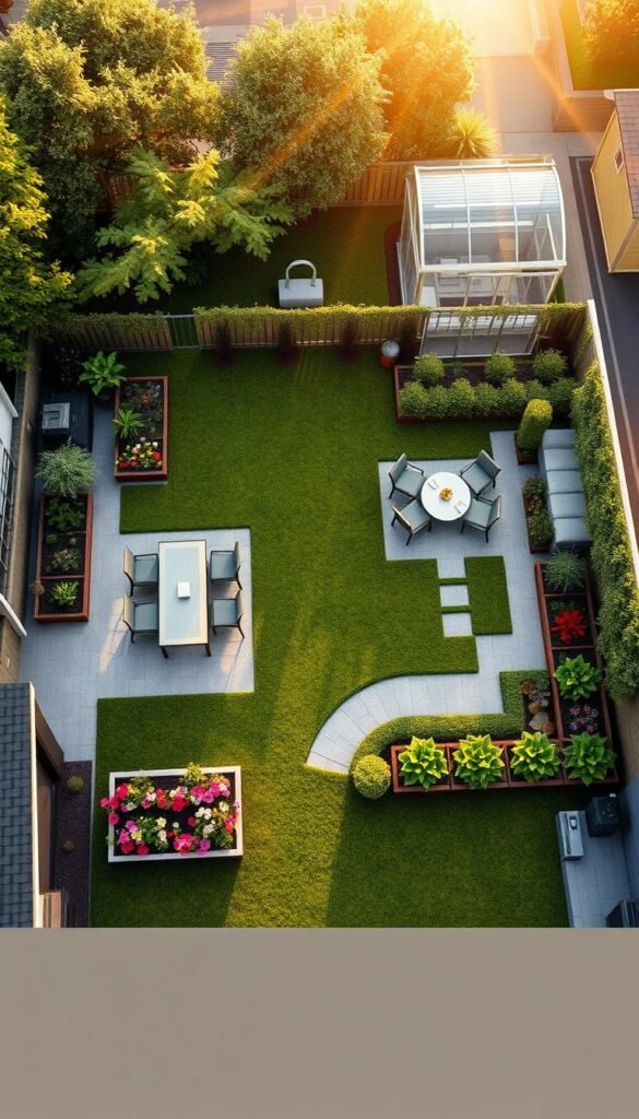 A detailed, bird's-eye view rendering of a functional backyard zoning layout in a cozy, suburban setting. The foreground features a lush, well-manicured lawn bordered by raised garden beds brimming with vibrant flowers and vegetables. In the middle ground, a stone patio with a sleek, modern outdoor dining set and a shaded lounge area with comfortable seating. The background showcases a privacy fence adorned with climbing vines, a small greenhouse, and a storage shed neatly tucked away. Warm, golden sunlight filters through wispy clouds, casting a tranquil ambiance over the entire scene. The overall layout is designed to maximize space and functionality, seamlessly blending practical zones for gardening, relaxation, and entertainment.