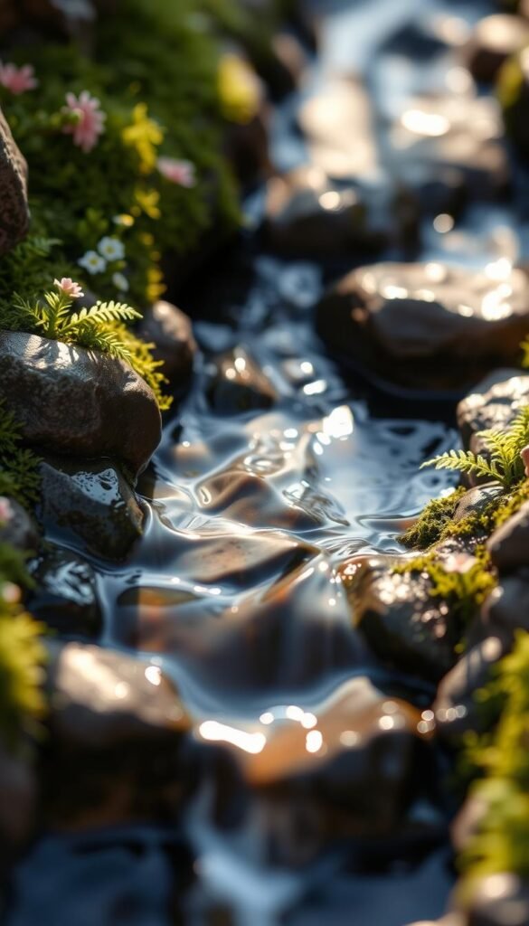 A detailed close-up view of a miniature stream, crafted with resin and PVA glue to create a realistic water feature for a fairy garden. The stream flows gently over mossy rocks, casting soft reflections. Delicate ferns and tiny flowers line the banks, adding a touch of whimsy. The lighting is warm and natural, with a shallow depth of field that focuses the viewer's attention on the intricate details of the stream. The overall mood is serene and enchanting, inviting the viewer to imagine the tranquil sounds of flowing water in a magical, miniature world.