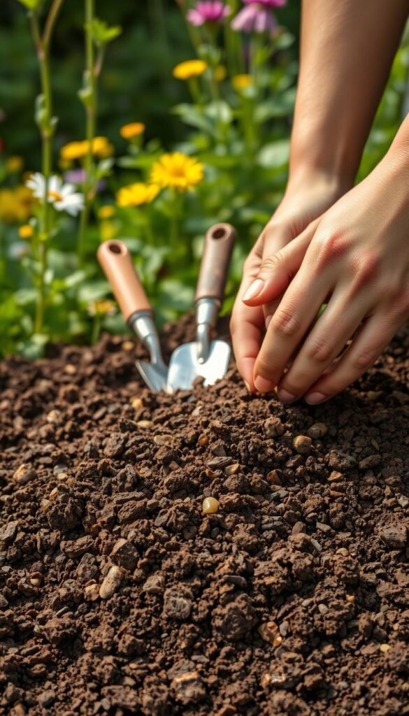 A detailed close-up view of rich, loamy garden soil being closely examined. The soil is dark brown in color, with visible organic matter and small pebbles interspersed throughout. The foreground shows hands gently sifting through the soil, inspecting its texture and consistency. The middle ground reveals several small garden tools such as a trowel and soil probe, indicating an assessment of the soil's properties. The background depicts a lush, verdant garden setting, with vibrant green plants and flowers framing the soil examination. Soft, diffused natural lighting casts a warm, inviting glow over the scene, emphasizing the importance of understanding the unique characteristics of one's garden soil.