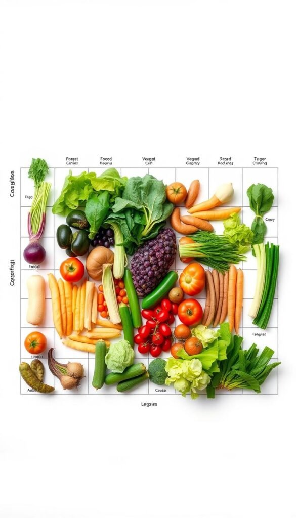 A detailed crop rotation diagram showcasing a variety of vegetables and legumes, arranged in a grid layout against a clean, neutral background. The diagram should be visually appealing, using a bright, natural color palette to highlight the different crop types and their positioning within the rotation. The layout should be clear and easy to understand, with subtle grid lines guiding the viewer's eye. Lighting should be soft and diffused, creating depth and dimensionality. The overall mood should be educational, informative, and inspiring, reflecting the subject matter of the article section on "Implementing Crop Rotation and Succession Planting".