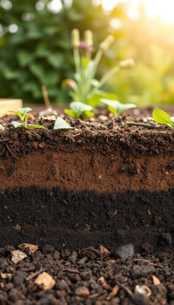 A detailed cross-section of a raised garden bed filled with nutrient-rich soil composition. The foreground showcases the various soil layers, including the topsoil, compost, and well-dramed base, each with distinct textures and colors. The middle ground highlights the organic matter, such as decomposing leaves and twigs, enhancing the soil's fertility. The background features a soft, natural lighting that creates a serene, earthy atmosphere, emphasizing the importance of healthy soil for a thriving cut flower garden. Captured with a wide-angle lens to provide a comprehensive view of the soil profile and its components.