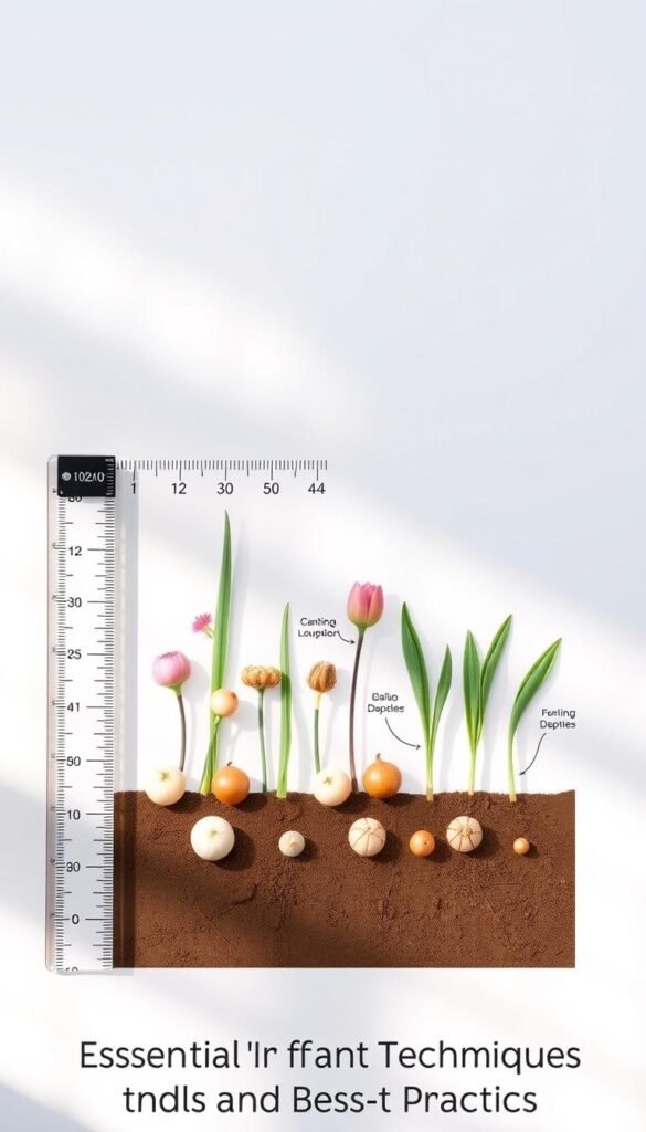A detailed diagram showcasing the optimal planting depths for various spring flower bulbs, set against a clean, minimalist background. The image features a cross-sectional view, with a ruler or measurement scale prominently displayed to provide clear visual reference. The bulbs are illustrated with realistic, botanically accurate detail, arranged in a visually appealing layout that highlights the differences in planting depth requirements. Soft, natural lighting casts subtle shadows, emphasizing the three-dimensional nature of the bulbs and the soil layers. The overall mood is informative, educational, and visually striking, making it an ideal reference for the "Essential Planting Techniques and Best Practices" section of the article.