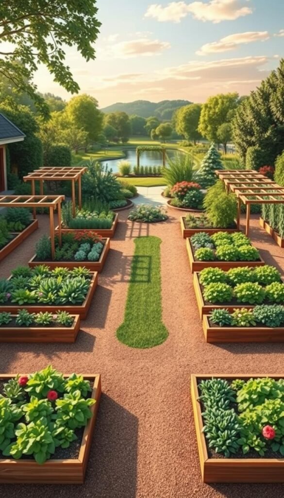 A detailed garden layout diagram, showcasing a well-organized, visually appealing backyard oasis. The foreground features neatly arranged raised garden beds, each filled with lush, vibrant vegetables and herbs, meticulously planned for year-round crop rotation. In the middle ground, a central pathway winds through the space, flanked by carefully placed trellises and arbors, their structures casting dynamic shadows. The background depicts a tranquil, naturalistic landscape, with verdant foliage, a serene water feature, and a clear, warm sky illuminated by soft, diffused lighting, creating an inviting and productive outdoor sanctuary.