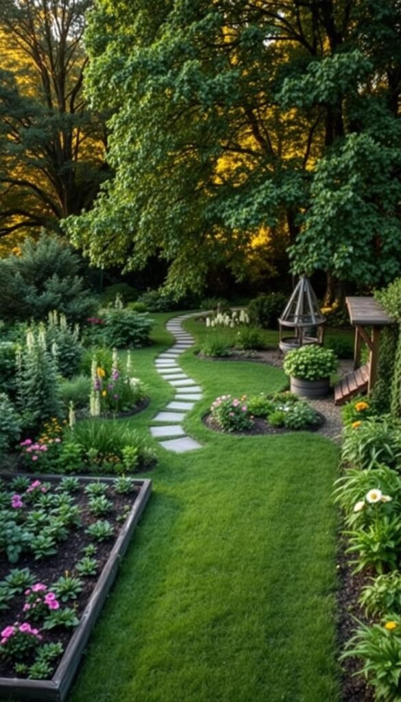 A detailed garden zoning layout in a lush, naturalistic setting. The foreground features a series of neatly defined zones, each with its own distinct character - a vegetable patch, a flowering border, a secluded seating area, and a wildlife-friendly zone. The middle ground showcases a winding path that meanders through the various zones, inviting exploration. In the background, a dense, verdant tree canopy provides a sense of enclosure and seclusion, casting warm, soft lighting across the scene. The overall composition conveys a harmonious, well-planned garden design that seamlessly integrates different functional and aesthetic elements.