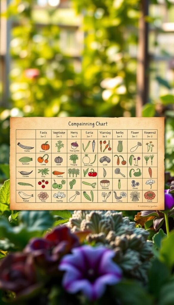 A detailed, hand-drawn companion planting chart, rendered in a warm, earthy color palette. The chart is positioned prominently in the center, showcasing various vegetables, herbs, and flowers arranged in an aesthetic grid layout. The background features a soft, blurred garden scene, with lush greenery and natural textures providing a harmonious setting. The lighting is gentle, with subtle shadows and highlights accentuating the chart's organic, handcrafted appearance. The overall composition conveys a sense of knowledge, practicality, and the beauty of a thriving, well-designed vegetable garden.