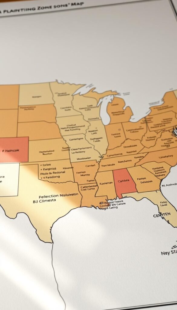 A detailed, high-resolution USDA planting zones map, showcasing the various climate regions and their corresponding gardening zones. The map should be crisp, clear, and easily readable, with distinct borders delineating the different zones. Lighting should be natural and evenly distributed, creating a soft, informative atmosphere. The angle should be slightly elevated, providing a comprehensive overview of the entire continental United States. The color palette should be muted and earthy, reflecting the natural tones of the landscape. The overall impression should be one of utility and practicality, serving as a valuable reference for gardeners planning their spring flower beds.