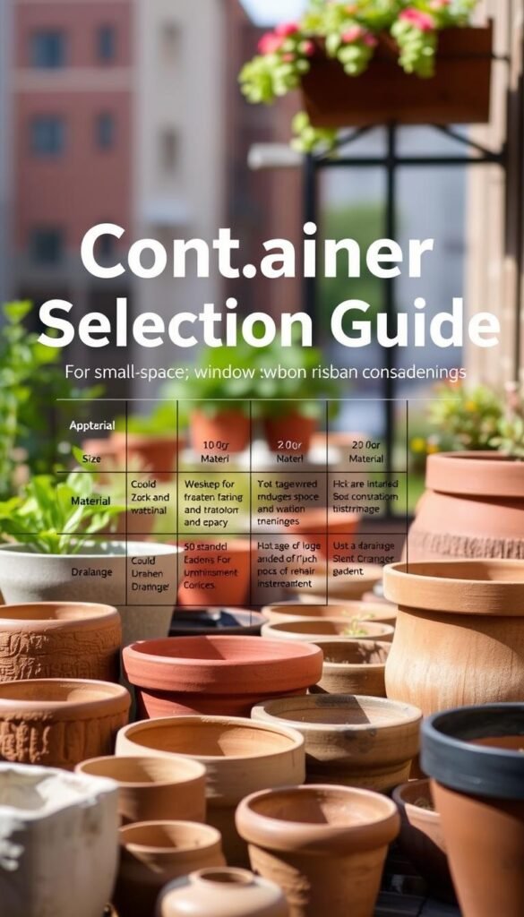 A detailed, high-resolution image of a "Container Selection Guide" for small-space urban gardening. The foreground features an assortment of various sized, textured pots, planters, and window boxes in earthy tones of terracotta, concrete, and natural wood. The middle ground showcases a grid layout with key details on container material, size, and drainage considerations. The background has a soft, blurred urban cityscape with buildings and greenery, conveying the context of small-space gardening. The lighting is natural, with gentle shadows and highlights to accentuate the textures. The overall mood is informative, practical, and inspirational for urban gardeners.