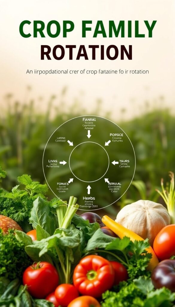 A detailed infographic showcasing a crop family rotation chart against a soft, earthy background. In the foreground, various vegetables and herbs in distinct sections, each labeled with their respective families. The middle ground features a circular layout highlighting the rotation cycle, with arrows guiding the viewer through the annual sequence. The background subtly depicts a lush garden setting, with muted tones and gentle lighting that evokes a sense of tranquility and natural harmony. The overall composition emphasizes the importance of crop rotation for soil health and sustainable gardening practices.