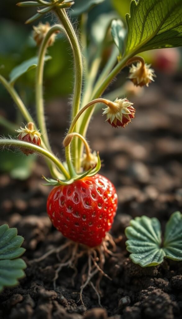 A detailed macro view of a strawberry plant, showcasing its vulnerabilities. The foreground highlights the fragile stems, tender leaves, and delicate flower buds, all susceptible to pests and diseases. The middle ground reveals the plant's root system, exposed and prone to damage. In the background, a soft, diffused light illuminates the scene, casting gentle shadows that accentuate the plant's intricate structure. The overall mood is one of vulnerability, inviting the viewer to appreciate the challenges faced by this hardy yet delicate fruit-bearing plant.