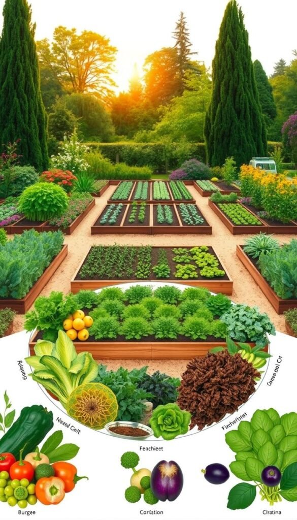 A detailed, meticulously designed crop rotation diagram in the style of a botanical illustration. The foreground features various vegetable plants arranged in a circular pattern, each labeled with their respective names. The middle ground showcases a grid-like layout of raised garden beds, showcasing the rotation of different crops over time. The background depicts a lush, verdant garden setting with towering trees, flowering plants, and a warm, golden-hour lighting that casts a gentle glow over the entire scene. The overall composition conveys a sense of harmony, organization, and the thoughtful planning required for an effective crop rotation strategy in a backyard vegetable garden.