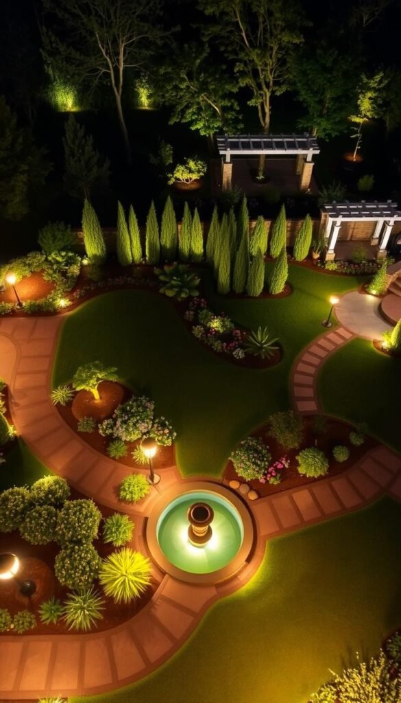A detailed, meticulously planned garden layout with winding paths, lush vegetation, and well-defined zones for entertaining and relaxation. The foreground features a central water feature surrounded by strategically placed lighting fixtures that cast a warm, inviting glow. The middle ground showcases a mix of tall shrubs, flowering plants, and ornamental trees, creating depth and visual interest. In the background, subtly illuminated architectural elements like trellises and stone walls frame the scene, evoking a sense of tranquility and sophistication. The lighting is designed to enhance the nighttime ambiance, showcasing the garden's natural beauty and encouraging an immersive outdoor living experience.