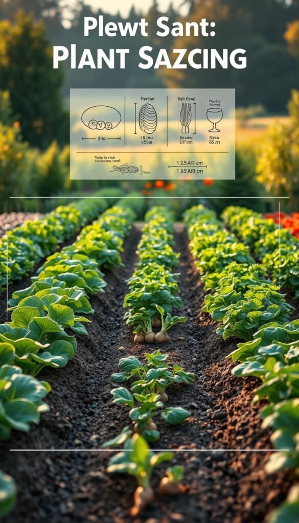A detailed plant spacing diagram showcasing the optimal layout for a thriving vegetable garden. The foreground features neatly spaced rows of leafy greens, root vegetables, and vibrant herbs, with precise measurements and spacing guidelines. The middle ground includes annotated diagrams and illustrations highlighting the ideal distance between plants, while the background depicts a serene garden landscape bathed in warm, natural lighting, captured with a shallow depth of field for a soft, artistic aesthetic. The overall mood is one of informative clarity and horticultural harmony, guiding the viewer towards a successful, well-organized veggie patch.