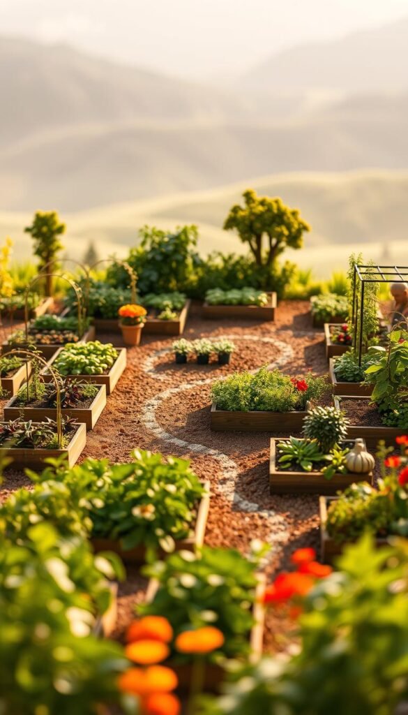 A detailed, scaled vegetable garden layout with thoughtfully arranged raised beds, winding garden paths, and strategically placed trellises. The composition features a lush, naturalistic foreground with flourishing vegetable plants, herbs, and flowers. The middle ground showcases the carefully planned layout, with symmetrical beds and efficient use of space. The background subtly fades into a soft, atmospheric landscape, creating a sense of tranquility. Warm, diffused lighting casts gentle shadows, highlighting the textures and colors of the organic elements. The overall scene conveys a harmonious, inviting atmosphere, inspiring the viewer to envision their own bountiful, year-round vegetable garden.
