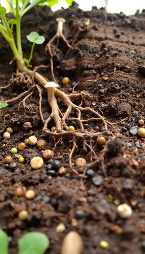 A detailed soil ecosystem teeming with life, captured in a close-up, macro-style composition. The foreground showcases a diverse array of microorganisms, fungi, and small invertebrates thriving amidst the rich, dark humus. Roots and decaying organic matter create a intricate network in the middle ground, while the background reveals a deeper, layered texture of soil strata and mineral particles. Diffused, natural lighting illuminates the scene, highlighting the interconnected relationships within this vibrant, self-sustaining underground world. The overall mood is one of wonder and appreciation for the unseen complexity of a healthy soil food web.