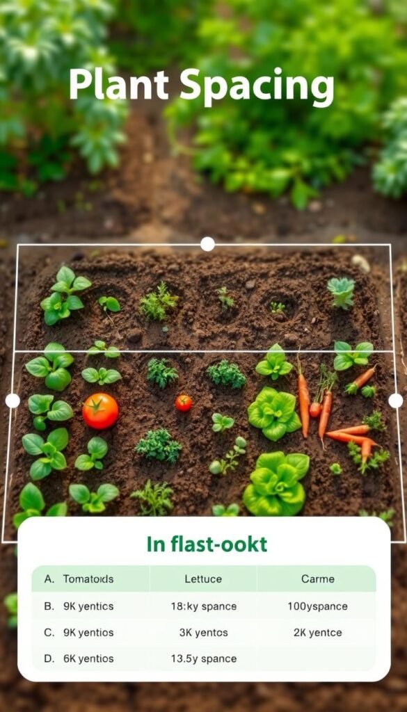 A detailed, technical diagram of plant spacing in a vegetable garden. The image depicts a bird's-eye view of a neatly organized plot, showcasing the optimal distances between each plant. The foreground features a grid-like layout with various vegetable specimens, such as tomatoes, lettuce, and carrots, precisely positioned. The middle ground presents a clean, textured soil surface, while the background subtly fades into a serene, out-of-focus natural setting, conveying a sense of tranquility and harmony. The lighting is soft and natural, creating a warm, inviting atmosphere. The overall tone is informative and educational, emphasizing the importance of proper plant spacing for a thriving vegetable garden.