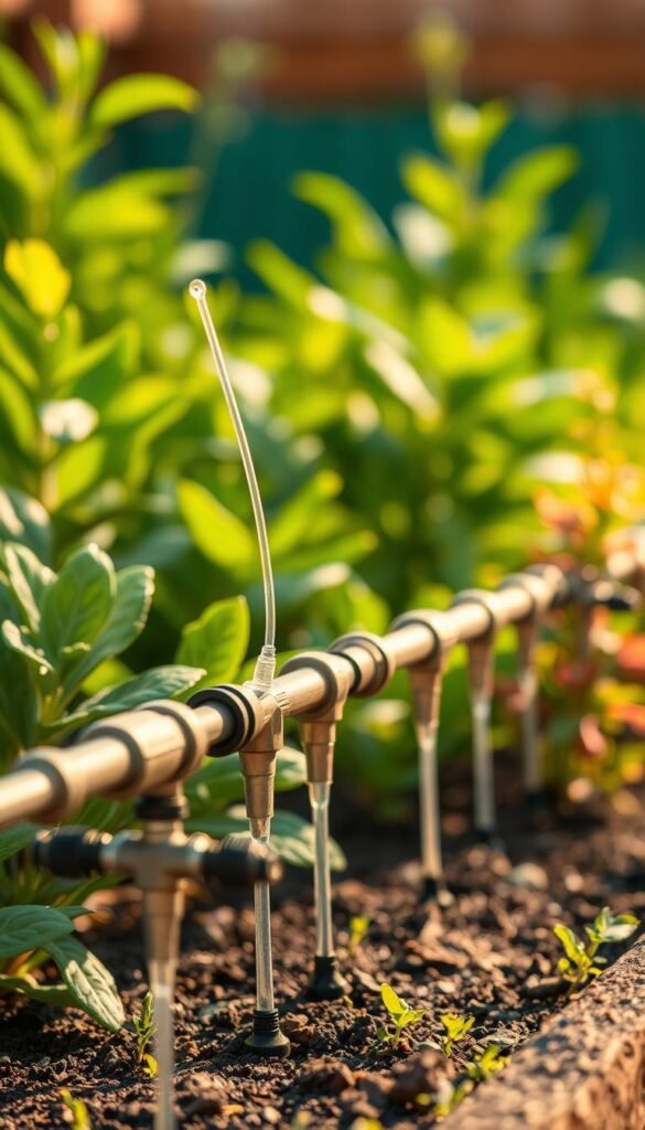 A detailed, technologically-advanced drip irrigation system prominently featured in the foreground, showcasing its components and mechanism. The system is set against a lush, verdant garden backdrop, highlighting the benefits of efficient water usage and healthy plant growth. Warm, natural lighting illuminates the scene, creating a serene and inviting atmosphere. The composition emphasizes the integration of the irrigation system within the eco-friendly garden environment, conveying the advantages of this water-conserving technique.