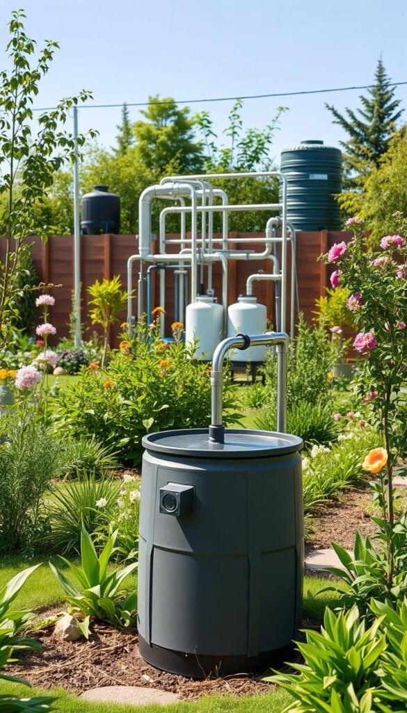 A detailed, technologically advanced rainwater harvesting system prominently displayed in a well-lit, neatly manicured eco-garden. The foreground features a modern, sleek rain barrel with a filtering mechanism, seamlessly integrated into the garden landscape. The middle ground showcases a network of interconnected pipes and storage tanks, highlighting the system's efficiency and capacity. In the background, lush vegetation, blooming flowers, and a clear blue sky create a serene, sustainable atmosphere, emphasizing the harmony between the harvesting system and the natural environment. The image conveys a sense of practical innovation and environmental consciousness, perfectly aligning with the article's focus on water conservation in eco-gardens.