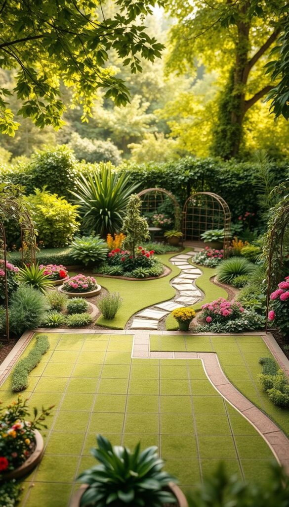 A detailed, to-scale garden map with a lush, inviting atmosphere. In the foreground, a precisely measured grid layout showcases the designated areas for various plants, flowers, and garden features. The middle ground features naturalistic pathways winding through the space, allowing for easy navigation. In the background, a verdant backdrop of vibrant foliage and mature trees creates a sense of depth and tranquility. The lighting is soft and diffused, casting gentle shadows and highlighting the intricate textures of the garden elements. The overall composition conveys a harmonious balance between order and organic growth, reflecting the intended functionality and aesthetic of the backyard space.