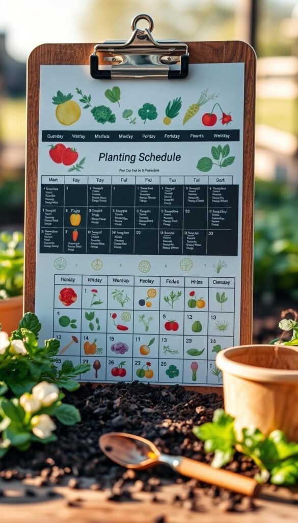 A detailed, visually engaging planting schedule calendar displayed on a wooden clipboard. The calendar features a grid-like layout with vibrant illustrations of seasonal crops, herbs, and flowers. The foreground showcases lush greenery, soil textures, and gardening tools, creating a warm, natural atmosphere. The middle ground highlights the calendar itself, with clean typography and intuitive icons for planting and harvesting. The background features a softly blurred outdoor scene, evoking a serene, countryside setting. The overall composition conveys a sense of organized productivity and thoughtful garden planning. Lit by warm, diffused natural lighting, the image exudes a rustic, yet refined aesthetic.