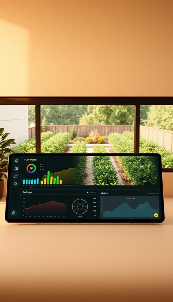 A digital garden planning interface set against a minimalist, pastel-toned backdrop. In the foreground, a sleek, touch-responsive dashboard displays interactive charts and graphs tracking plant growth, yields, and seasonal changes. In the middle ground, a 3D visualization of a lush, verdant garden layout with customizable beds and pathways. In the background, a panoramic window offers a serene view of a sun-dappled outdoor garden. Warm, diffused lighting casts a natural glow, while the interface layout and controls convey a sense of intuitive, streamlined functionality for the modern, tech-savvy gardener.