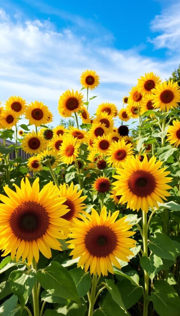 A diverse arrangement of tall, vibrant sunflower varieties in a lush, sun-dappled backyard garden. Majestic yellow blooms in various shades sway gently in a soft breeze, their petals catching the warm afternoon light. In the foreground, clusters of cheerful, oversized sunflowers with deep-brown centers stand proudly, their leaves rustling. The middle ground features a mix of classic golden sunflowers alongside unique heirloom varieties in shades of burgundy, orange, and bicolor. Soft, wispy clouds drift across a brilliant blue sky in the background, completing the serene, picturesque scene.