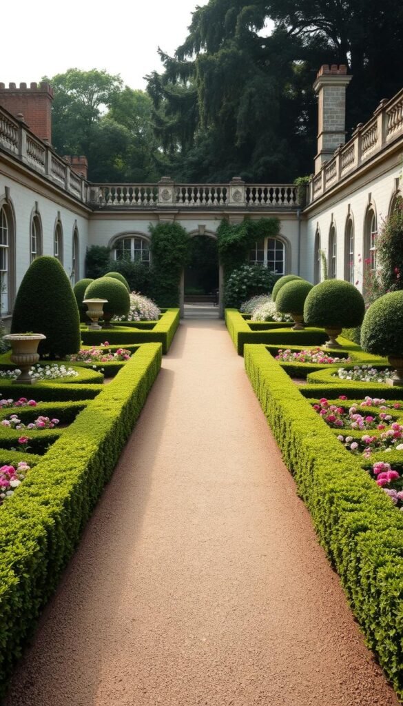 A formal English garden with precise symmetry and architectural structure. A central pathway leads the eye through neatly clipped hedges, flanked by lush borders of colorful blooms in a romantic cottage style. Ornamental urns and topiary elements accent the scene, creating a sense of timeless elegance. Soft, diffused natural lighting filters through the overhead canopy, casting gentle shadows that accentuate the geometric patterns. The overall atmosphere is one of tranquil serenity, inviting the viewer to pause and appreciate the harmonious balance of nature and human design.