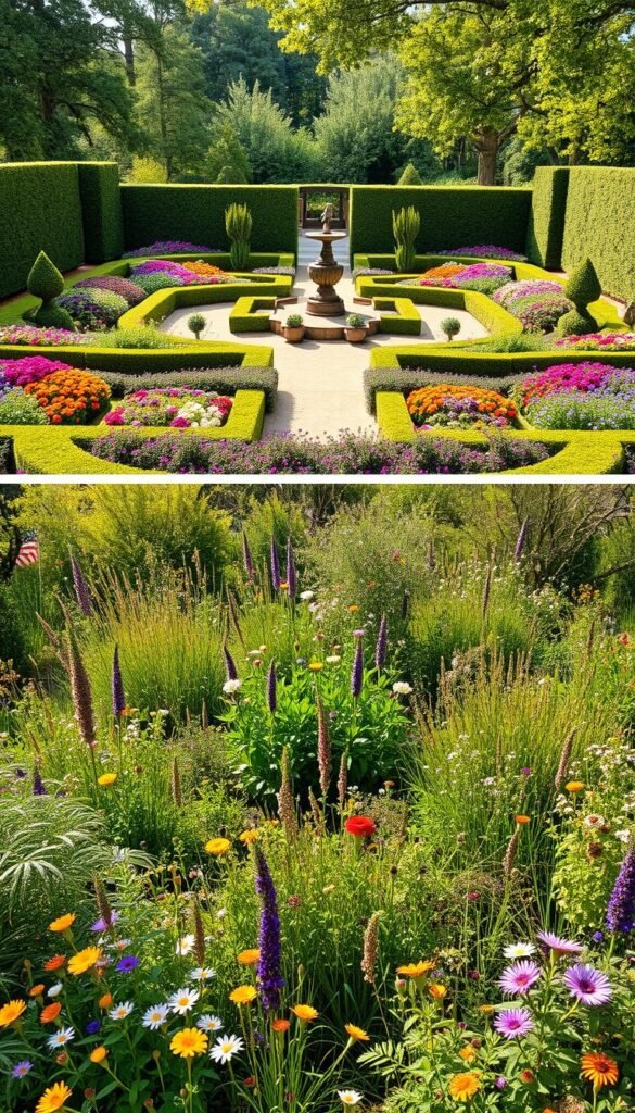 A formal flower garden with symmetrical beds and neatly trimmed hedges stands in contrast to a wild, naturalistic garden overflowing with vibrant blooms and untamed foliage. The formal garden features a central fountain or statue, surrounded by precisely arranged annuals and perennials in a color-coordinated palette. Conversely, the wild garden showcases a diverse array of native wildflowers, grasses, and shrubs, creating a lush, undulating landscape. Soft, diffused lighting casts a warm, inviting glow over the formal garden, while the wild garden is illuminated by dappled sunlight filtering through the canopy of mature trees. The two garden styles are captured from an elevated perspective, allowing the viewer to appreciate the stark differences in design, texture, and overall aesthetic.