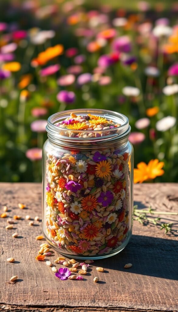 A glass jar filled with an assortment of vibrant wildflower seeds in various hues - from delicate pastels to bold, saturated colors. The jar is placed on a rustic wooden surface, bathed in warm, natural lighting that casts soft shadows. In the background, a lush, out-of-focus field of blooming wildflowers in a dreamy, romantic setting. The overall composition evokes a sense of abundance, natural beauty, and the promise of a thriving, diverse garden.