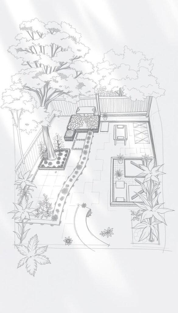 A hand-sketched garden layout plan, featuring a well-balanced composition of lush foliage, meandering pathways, and thoughtfully placed garden beds. The sketch is rendered in a soft, organic pencil style, with delicate hatching and shading to convey depth and texture. Sunlight filters through the trees, casting gentle shadows across the scene. The layout showcases a harmonious blend of ornamental plants, vegetable patches, and seating areas, all arranged with an eye for functionality and aesthetic appeal. The sketch exudes a sense of tranquility and inspiration, inviting the viewer to envision the transformation of this backyard space.