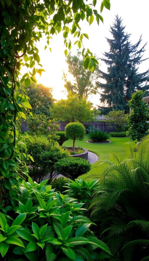 A harmonious arrangement of lush, verdant foliage cascades across the frame, creating a serene and captivating backyard oasis. In the foreground, a varied tapestry of vibrant leaves and fronds in shades of emerald, jade, and chartreuse intermingle, their textures and shapes complementing each other. The middle ground features strategically placed shrubs and small trees, their branches artfully pruned to accentuate the overall composition. In the background, a mix of taller, stately trees provide a natural, enveloping canopy, filtering the warm, golden sunlight that casts a soft, diffused glow across the entire scene. The overall mood is one of tranquility, inviting the viewer to step into this lush, harmonious garden and experience its calming, restorative ambiance.