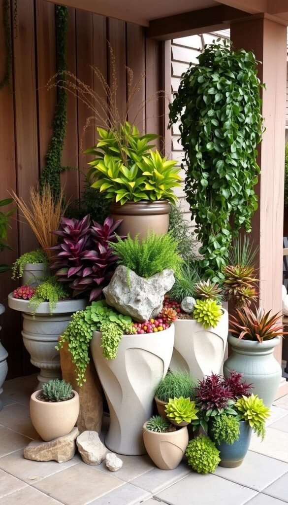 A harmonious display of diverse container arrangements, showcasing imaginative combinations of textures, shapes, and vibrant hues. Sculptural planters, cascading vines, and towering architectural foliage create a lush, layered vignette. Warm, soft lighting accentuates the interplay of shadows and highlights, evoking a serene, inviting atmosphere. The arrangement is set against a backdrop of weathered wood, stone, and natural elements, blending seamlessly with the outdoor living space. The composition exudes a sense of balance, creativity, and a celebration of the beauty inherent in container gardening.