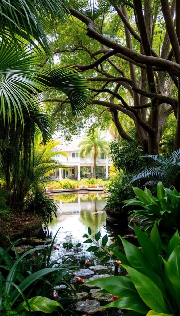 A hidden backyard oasis, a lush sanctuary where verdant foliage whispers of untold secrets. In the foreground, a riot of tropical plants - vibrant palm fronds, cascading vines, and delicate ferns - create a verdant canopy, filtering sunlight into a soft, diffused glow. In the middle ground, a tranquil pond reflects the scene, its surface interrupted by the gentle ripples of darting koi. Towering trees frame the backdrop, their branches reaching skyward, casting dappled shadows that dance across the hidden pathways. The air is heavy with the scent of blooming flowers, a symphony of colors and textures that evoke a sense of timeless enchantment. This is a place of solace, a private haven where the world outside fades away, leaving only the magic of nature's embrace.