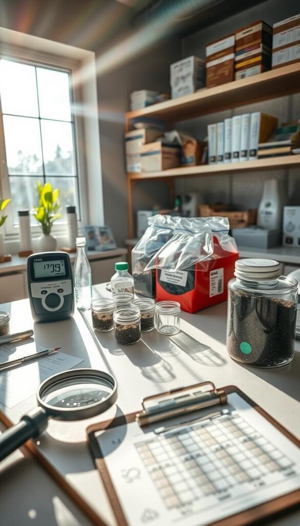 A laboratory countertop displays an array of soil testing equipment, including a pH meter, a soil moisture meter, and soil amendment samples. Sunlight streams through nearby windows, casting a warm, natural glow across the scene. The foreground features a magnifying glass and a clipboard with soil analysis charts, while the background showcases shelves of soil testing kits and reference books. The overall atmosphere conveys a sense of scientific inquiry and a dedication to understanding the complexities of soil health, perfectly suited for illustrating the "Ensuring Optimal Soil Health" section of the article.