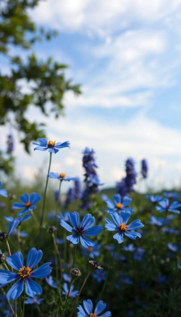 A late summer garden in soft, hazy light, bursting with vibrant blue flowers. In the foreground, delicate blue petals sway gently in a light breeze, their centers dotted with golden stamens. In the middle ground, clusters of larger blue blooms rise up, their deep indigo hues contrasting with the lush green foliage. Beyond, a blurred background of wispy clouds and a dusky blue sky sets the scene, creating a serene, tranquil atmosphere. Crisp, high-resolution, photorealistic.