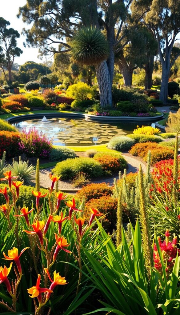 A lush Australian native garden, bathed in warm afternoon sunlight. In the foreground, vibrant kangaroo paws and bottlebrush plants burst with color, their delicate flowers swaying gently in a light breeze. Meandering pathways wind through the middle ground, flanked by towering eucalyptus trees and a diverse array of flowering shrubs and ground covers. In the background, a picturesque pond reflects the intricate patterns of the native flora, creating a serene and harmonious landscape. The overall scene conveys a sense of tranquility and a deep connection to the natural world, capturing the unique appeal of an Australian native garden.